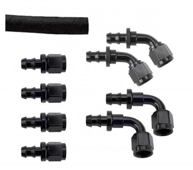 Support personnalisé tête ronde code noir en aluminium poussée sur le tuyau Kit d'ajustement de bout AN6 9PCS Femme connexion et durable
